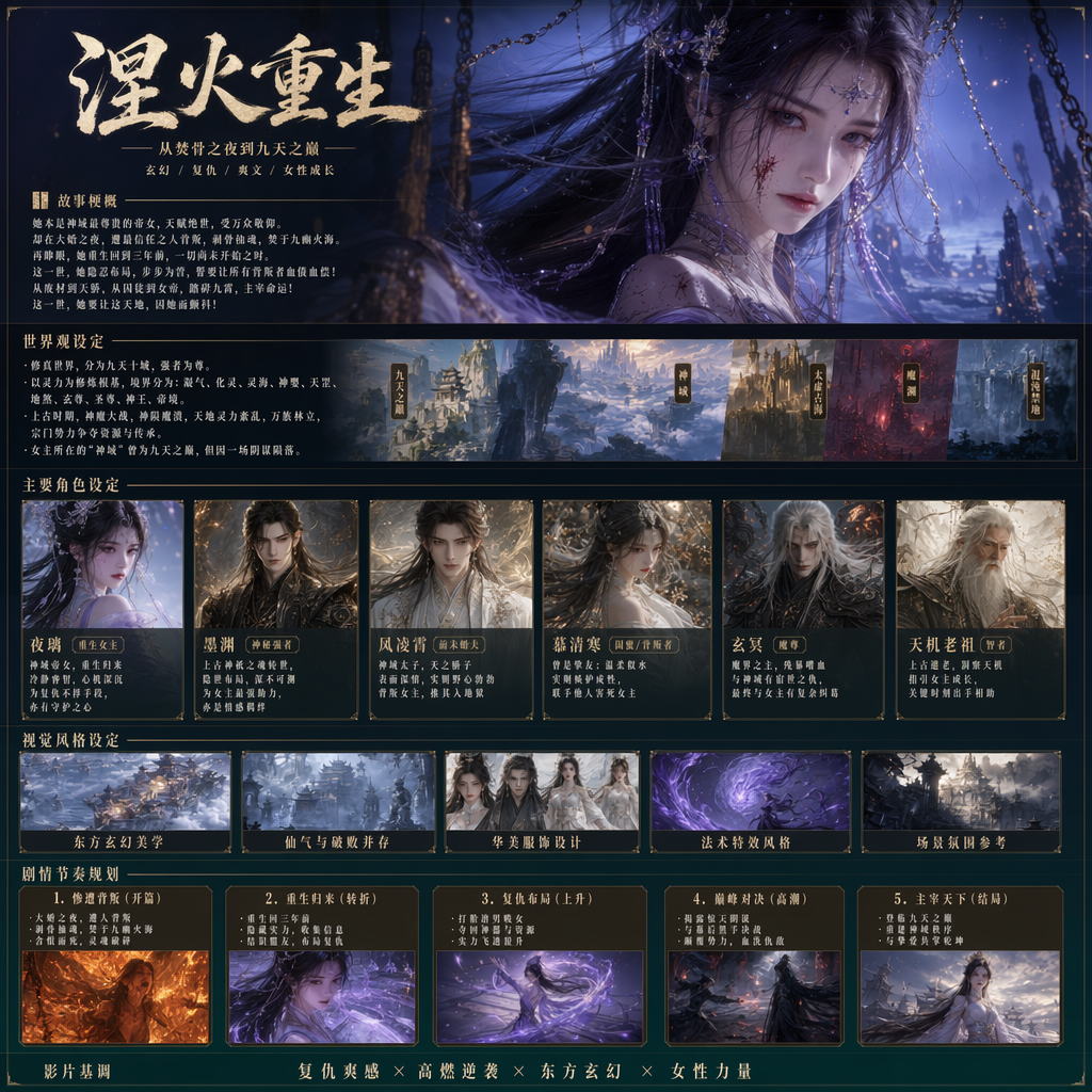 我要做一个中国玄幻3d女频复仇爽文电影，请你给我画个长图，做好前期设定，确保美术