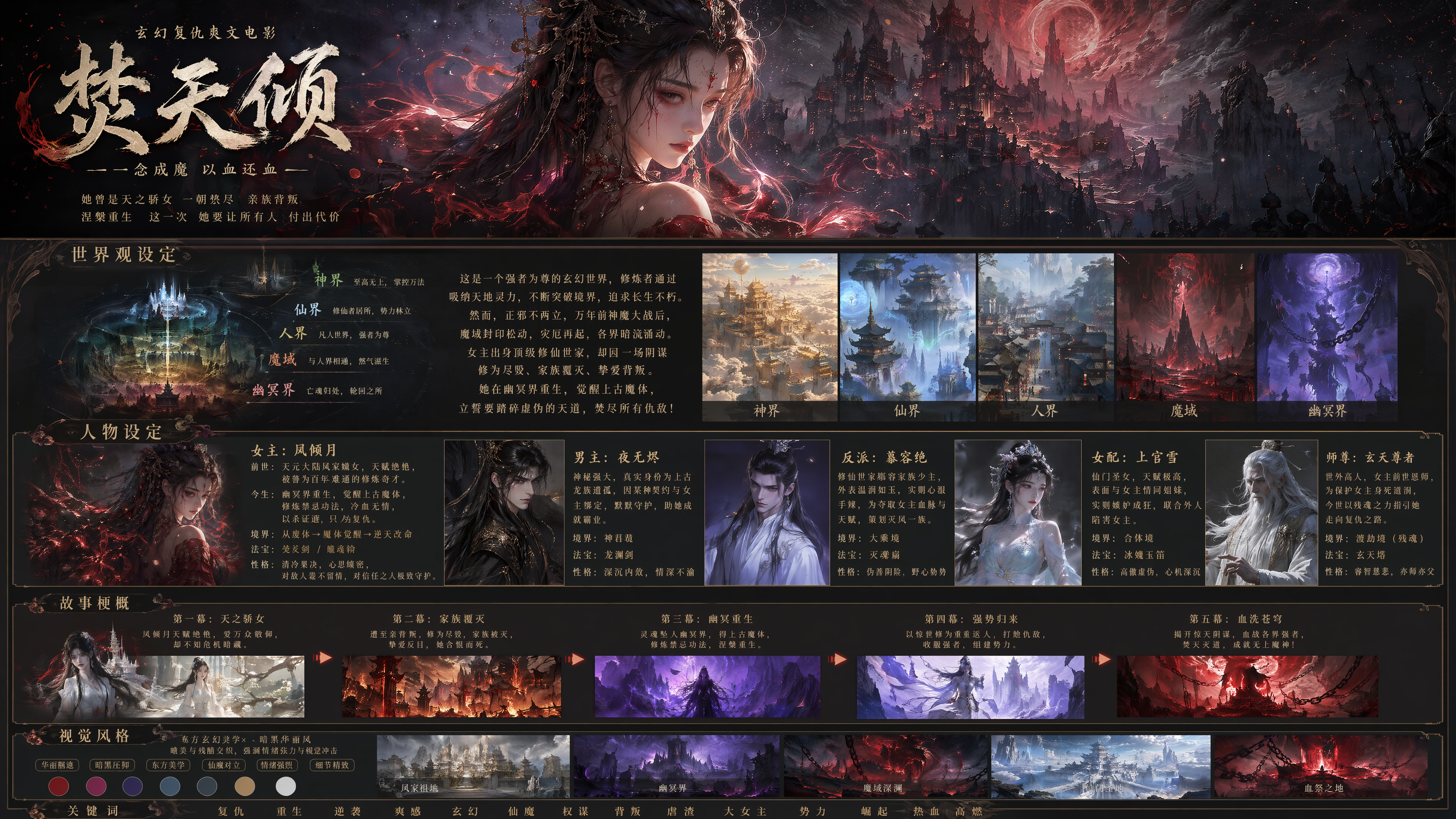 我要做一个中国玄幻3d女频复仇爽文电影，请你给我画个长图，做好前期设定，确保美术